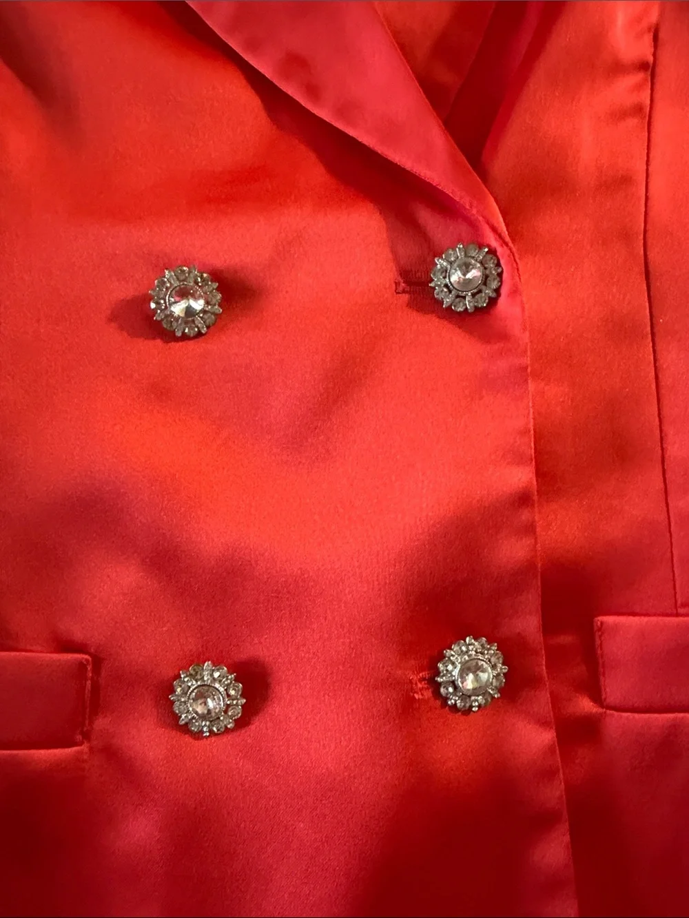 Flying Tomato Coral-Red Double-Breasted Blazer with Rhinestone Buttons Small